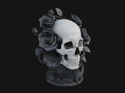 Rose Skull Relief Plaque Design 2 - 3D Print Model 3D Print Model