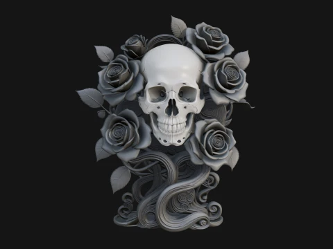Rose Skull Relief Plaque Design 3 - 3D Print Model Modelo de impresión 3D