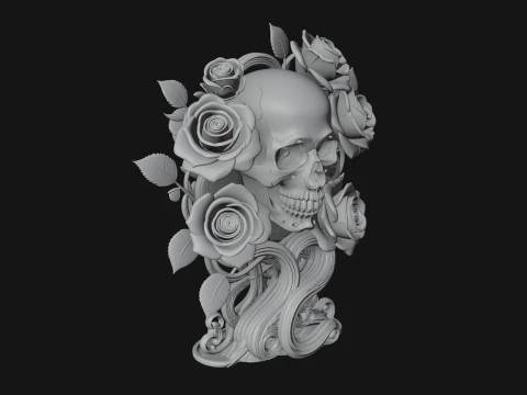 Rose Skull Relief Plaque Design 3 - 3D Print Model Modelo de impresión 3D