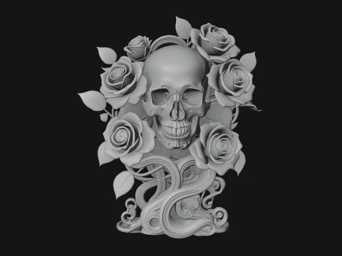 Rose Skull Relief Plaque Design 3 - 3D Print Model Modelo de impresión 3D