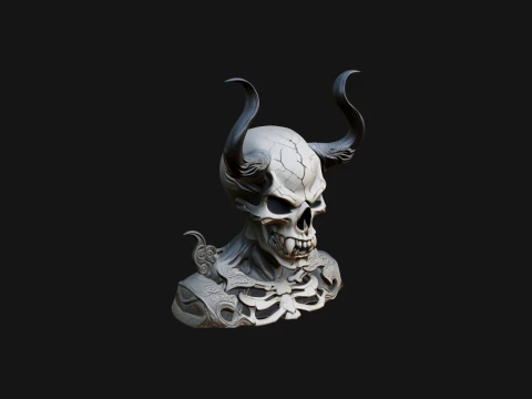 Horned Skull Skeleton Bust Statue Design 6 - 3D Print Model 3D Print Model