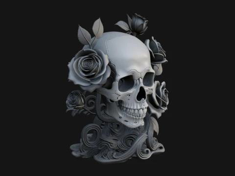 Rose Skull Relief Plaque Design 4 - 3D Print Model 3D Print Model