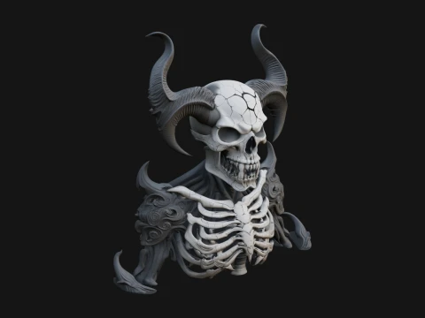 Horned Skull Skeleton Bust Statue Design 7 - 3D Print Model 3D Print Model