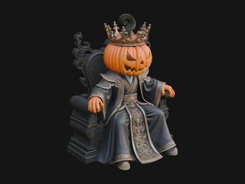 Pumpkin King on Throne Statue Design 1 - 3D Print Model Modelo de Impressão 3D