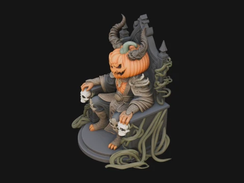 Pumpkin King on Throne Statue Design 6 - 3D Print Model Modelo de Impressão 3D