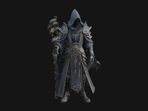 Hooded Wizard with Staff Statue Design 23 - 3D Print Model 3D 프린트 모델