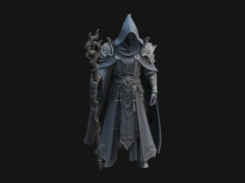 Hooded Wizard with Staff Statue Design 24 - 3D Print Model 3D 프린트 모델