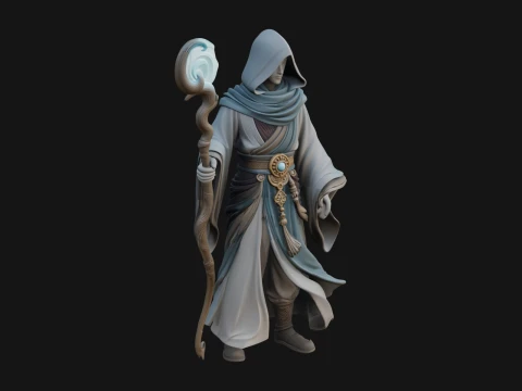 Hooded Wizard with Staff Statue Design 29 - 3D Print Model 3D 프린트 모델