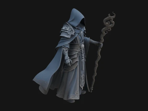 Hooded Wizard with Staff Statue Design 34 - 3D Print Model 3D 프린트 모델