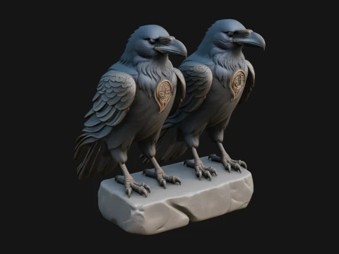 Pair of Norse Ravens Statue Design 1 - 3D Print Model 3D printmodel