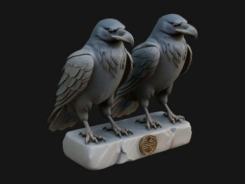 Pair of Norse Ravens Statue Design 2 - 3D Print Model Modelo de Impressão 3D