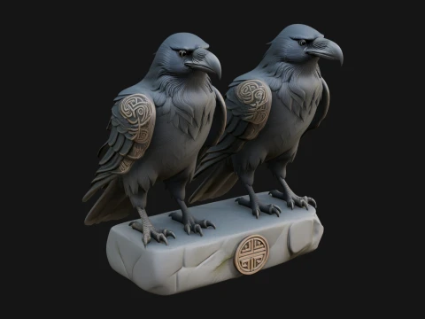 Pair of Norse Ravens Statue Design 3 - 3D Print Model 3D Print Model