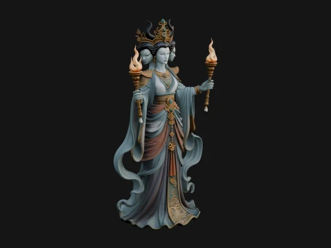 Triple Faced Torch Goddess Statue Design 3 - 3D Print Model 3D Baskı Modeli