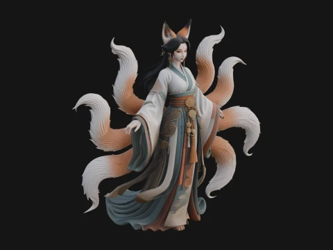 Fox Eared Kitsune Woman Statue Design 1 - 3D Print Model 3D Druckmodell