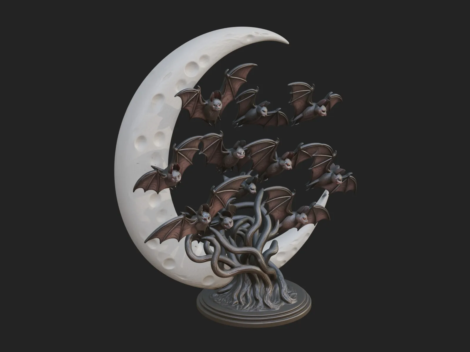 Crescent Moon Bat Tree Statue Design 1 - 3D Print Model 3D Print Model .c4d .max .obj .3ds .fbx .stl .blend 