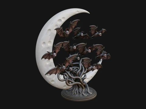 Crescent Moon Bat Tree Statue Design 1 - 3D Print Model 3D Print Model