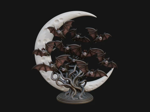 Crescent Moon Bat Tree Statue Design 1 - 3D Print Model 3D Print Model