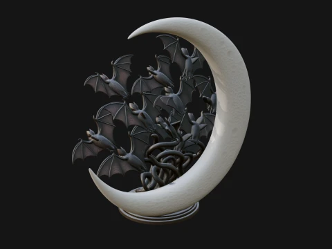 Crescent Moon Bat Tree Statue Design 1 - 3D Print Model 3D Print Model
