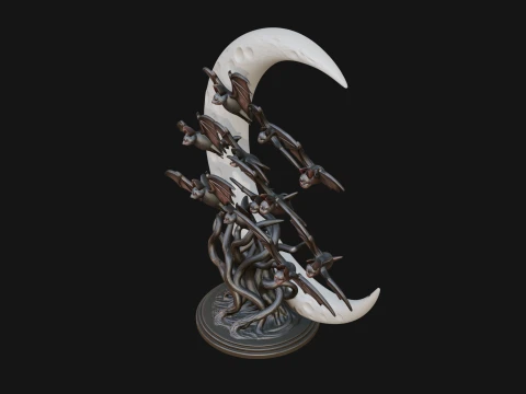 Crescent Moon Bat Tree Statue Design 1 - 3D Print Model 3D Print Model