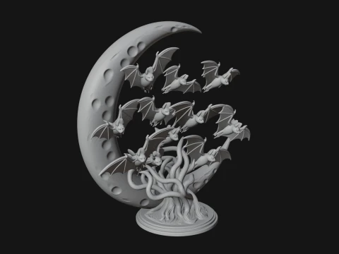 Crescent Moon Bat Tree Statue Design 1 - 3D Print Model 3D Print Model