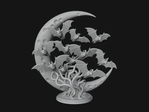 Crescent Moon Bat Tree Statue Design 1 - 3D Print Model 3D Print Model