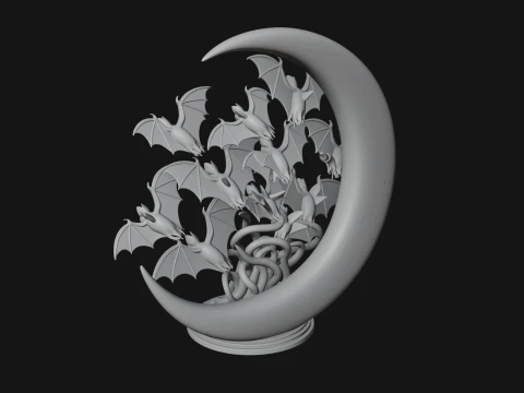 Crescent Moon Bat Tree Statue Design 1 - 3D Print Model 3D Print Model
