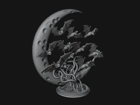 Crescent Moon Bat Tree Statue Design 1 - 3D Print Model 3D Print Model