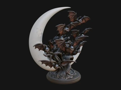 Crescent Moon Bat Tree Statue Design 2 - 3D Print Model 3D Print Model