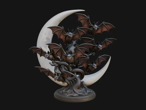 Crescent Moon Bat Tree Statue Design 2 - 3D Print Model 3D Print Model