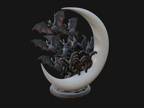 Crescent Moon Bat Tree Statue Design 2 - 3D Print Model 3D Print Model