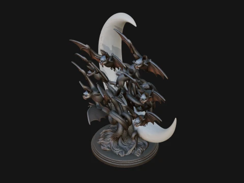 Crescent Moon Bat Tree Statue Design 2 - 3D Print Model 3D Print Model