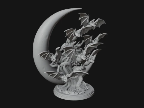 Crescent Moon Bat Tree Statue Design 2 - 3D Print Model 3D Print Model