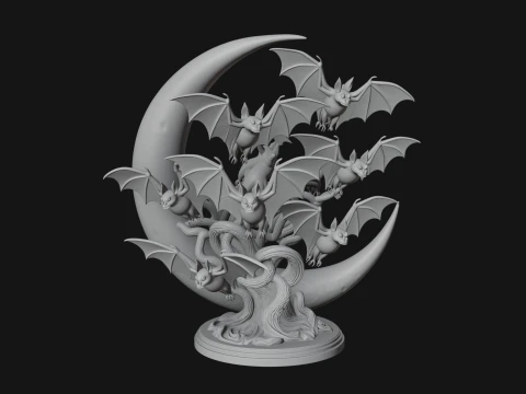 Crescent Moon Bat Tree Statue Design 2 - 3D Print Model 3D Print Model