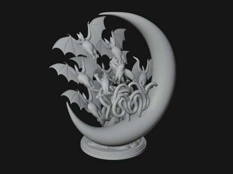 Crescent Moon Bat Tree Statue Design 2 - 3D Print Model 3D Print Model