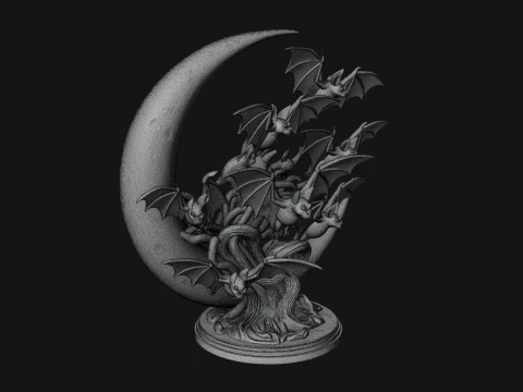 Crescent Moon Bat Tree Statue Design 2 - 3D Print Model 3D Print Model