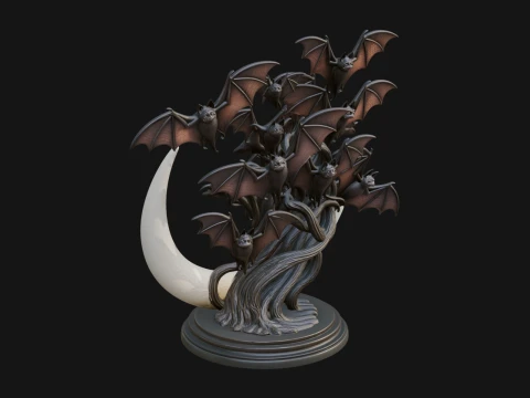 Crescent Moon Bat Tree Statue Design 3 - 3D Print Model 3D Baskı Modeli