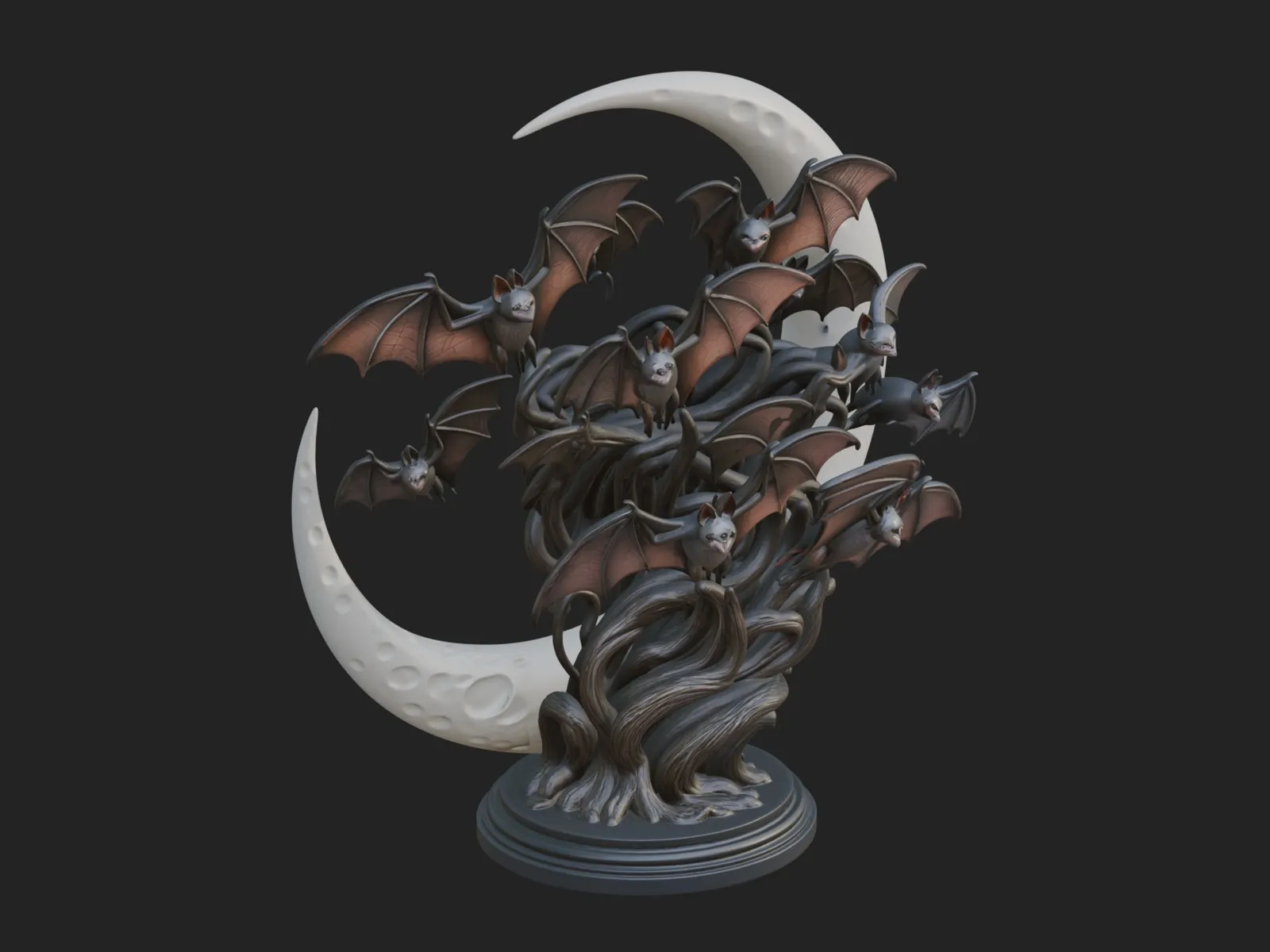 Crescent Moon Bat Tree Statue Design 4 - 3D Print Model 3D Print Model .c4d .max .obj .3ds .fbx .stl .blend 