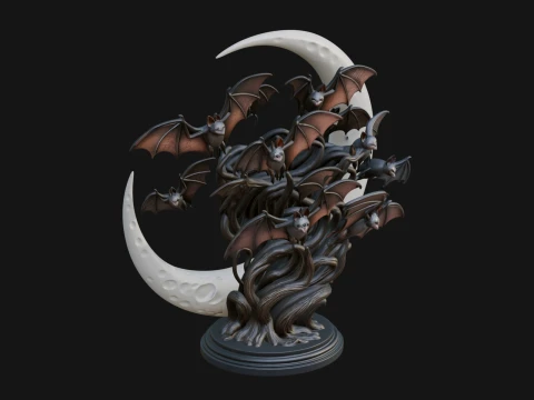 Crescent Moon Bat Tree Statue Design 4 - 3D Print Model 3D Print Model