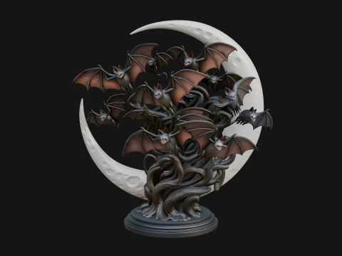 Crescent Moon Bat Tree Statue Design 4 - 3D Print Model 3D Print Model