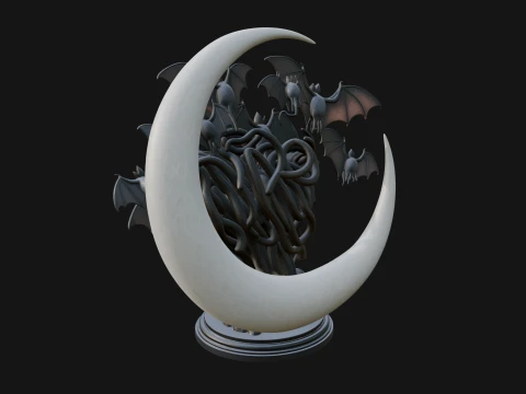 Crescent Moon Bat Tree Statue Design 4 - 3D Print Model 3D Print Model