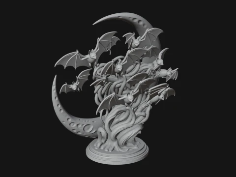 Crescent Moon Bat Tree Statue Design 4 - 3D Print Model 3D Print Model