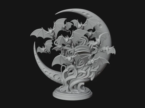 Crescent Moon Bat Tree Statue Design 4 - 3D Print Model 3D Print Model