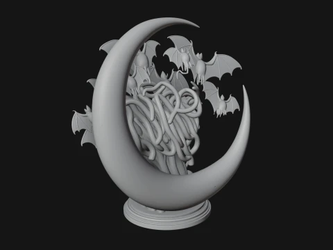 Crescent Moon Bat Tree Statue Design 4 - 3D Print Model 3D Print Model