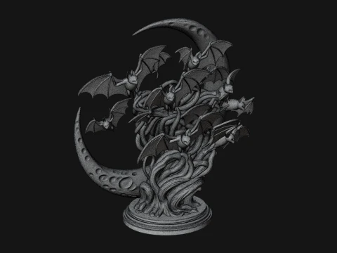 Crescent Moon Bat Tree Statue Design 4 - 3D Print Model 3D Print Model
