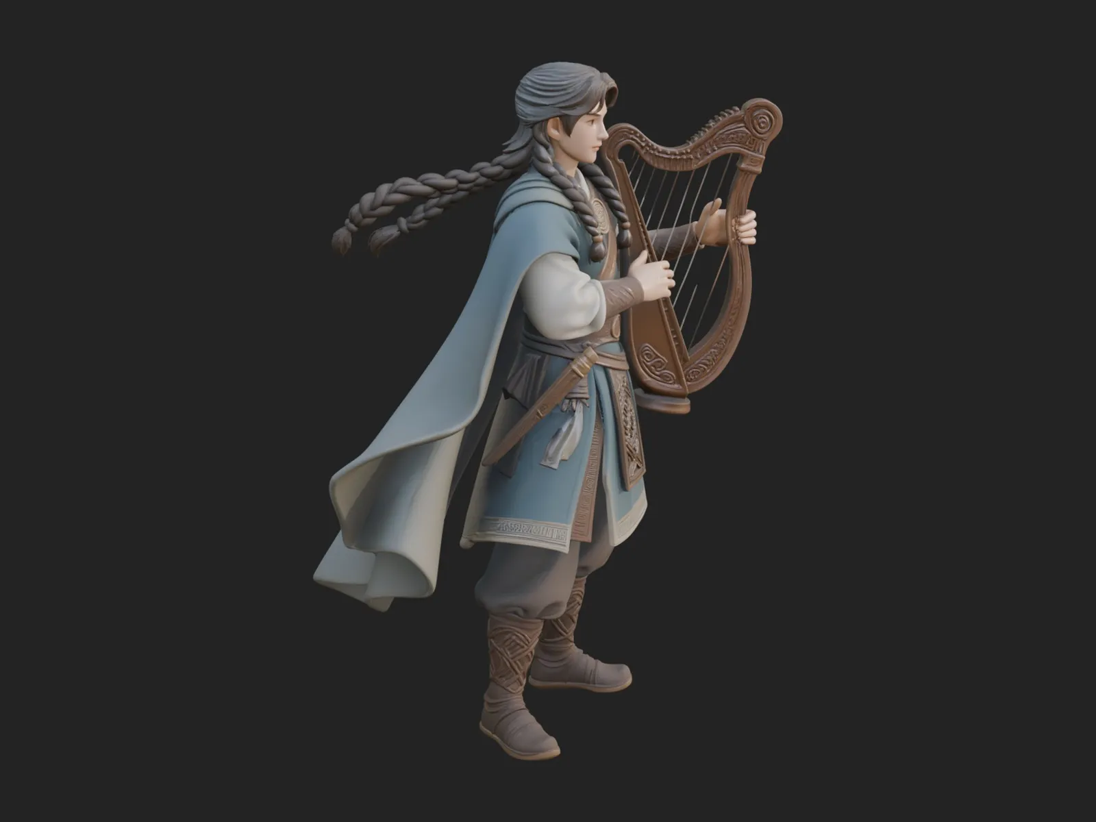Robed Bard with Harp Statue Design 1 - 3D Print Model 3D Print Model .c4d .max .obj .3ds .fbx .stl .blend 