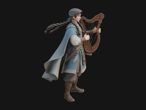 Robed Bard with Harp Statue Design 1 - 3D Print Model 3D Print Model