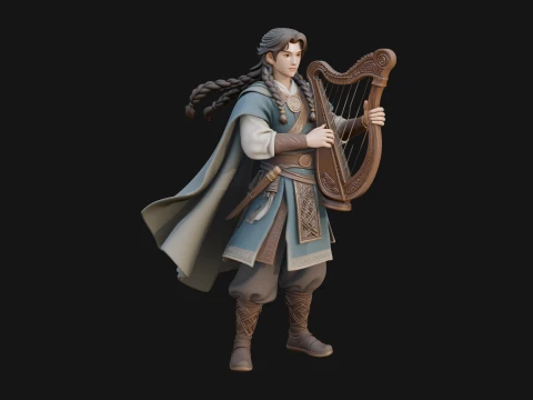 Robed Bard with Harp Statue Design 1 - 3D Print Model 3D Print Model