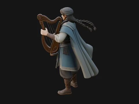 Robed Bard with Harp Statue Design 1 - 3D Print Model 3D Print Model