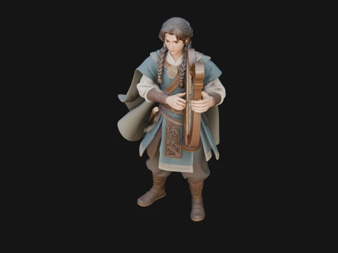 Robed Bard with Harp Statue Design 1 - 3D Print Model 3D Print Model