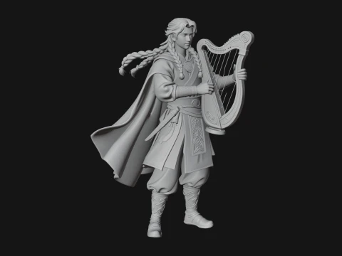 Robed Bard with Harp Statue Design 1 - 3D Print Model 3D Print Model